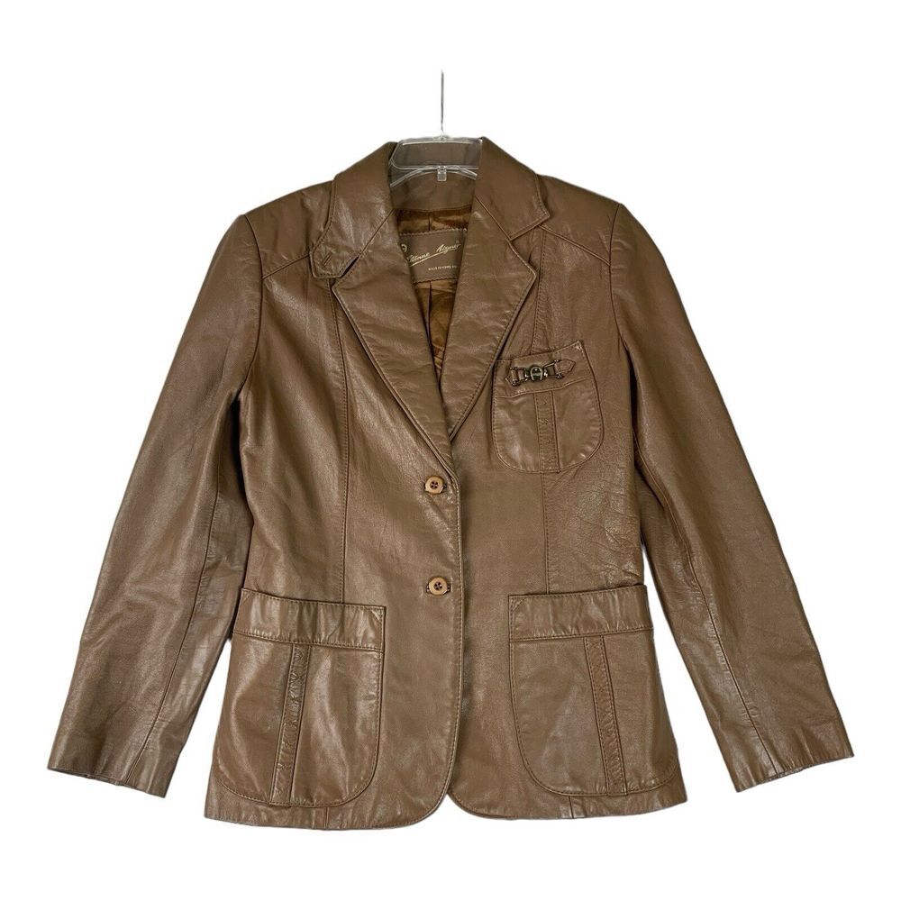 Vintage Leather Etienne Aigner Jacket/Blazer Womens Brown Button Up Pleated Back